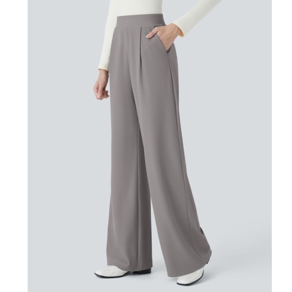 NWT Halara Flex MicroWaffle High Waisted Wide Leg Pleated Pants Satellite Gray